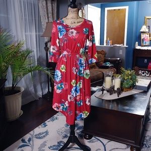 Women's O Neck 3/4 Sleeve Floral Dress with pocket